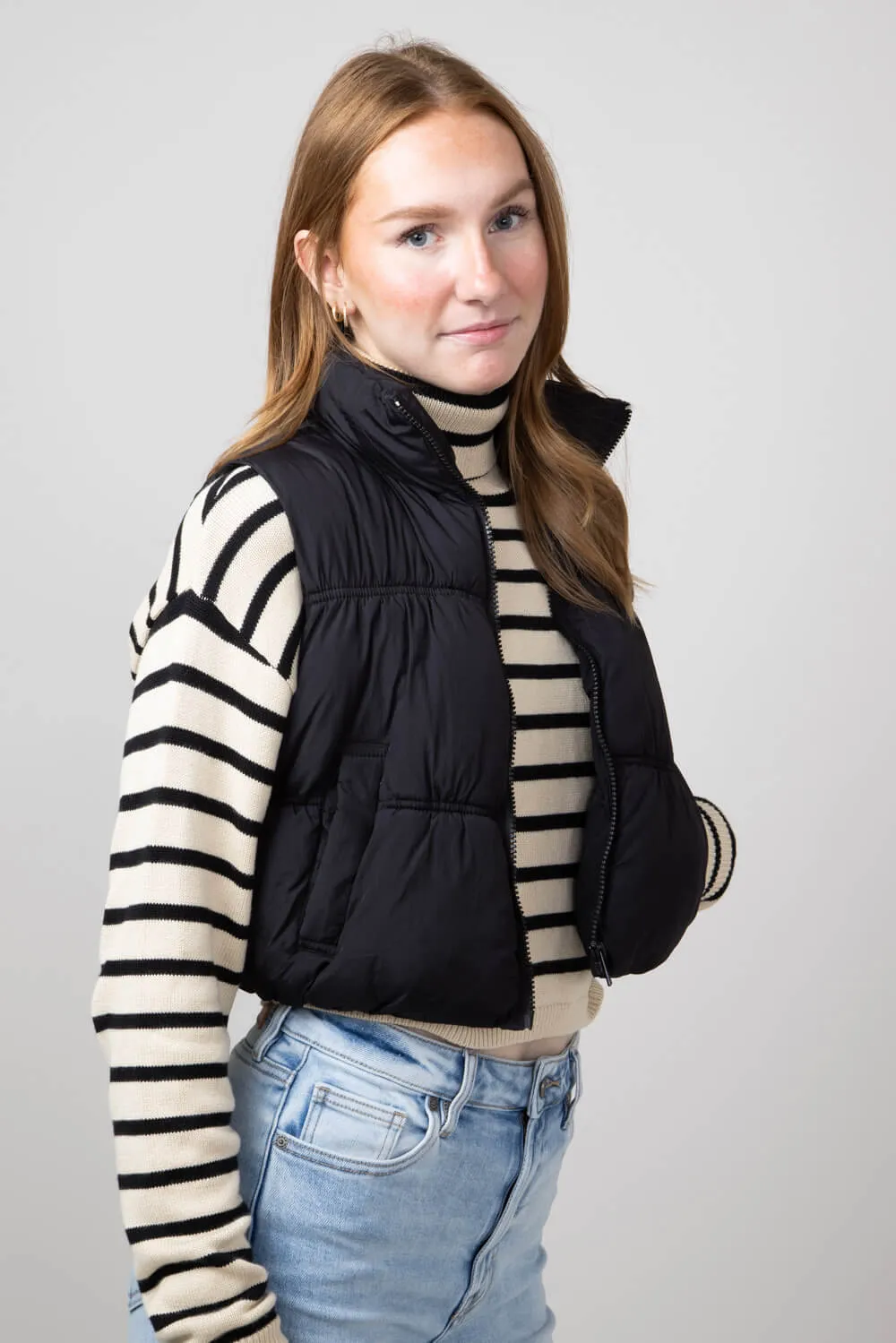 Love Tree Crinkle Puffer Vest for Women in Black | 5128VH-BLACK