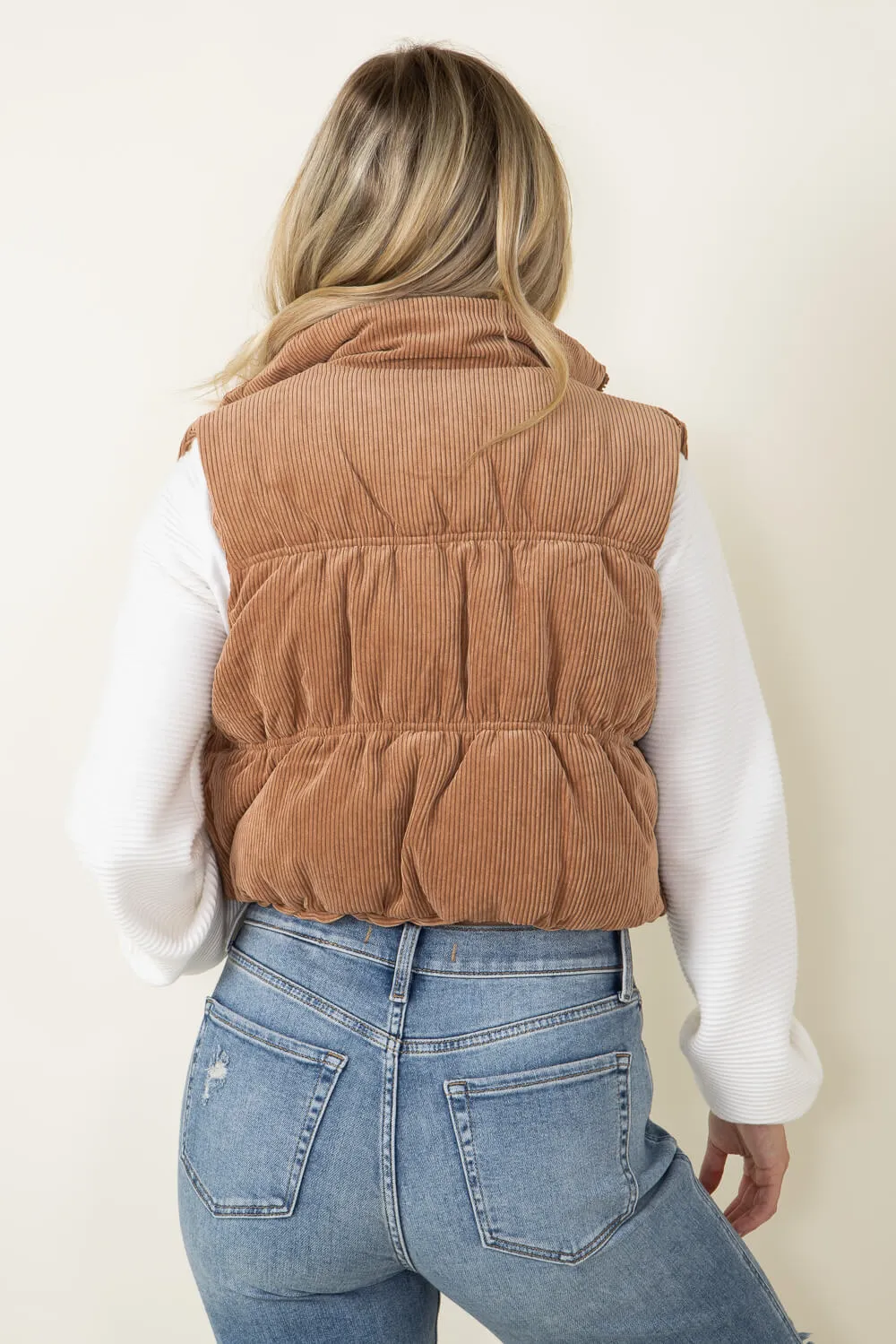 Love Tree Cropped Corduroy Puffer Vest for Women in Brown | 5101VH-CAMEL