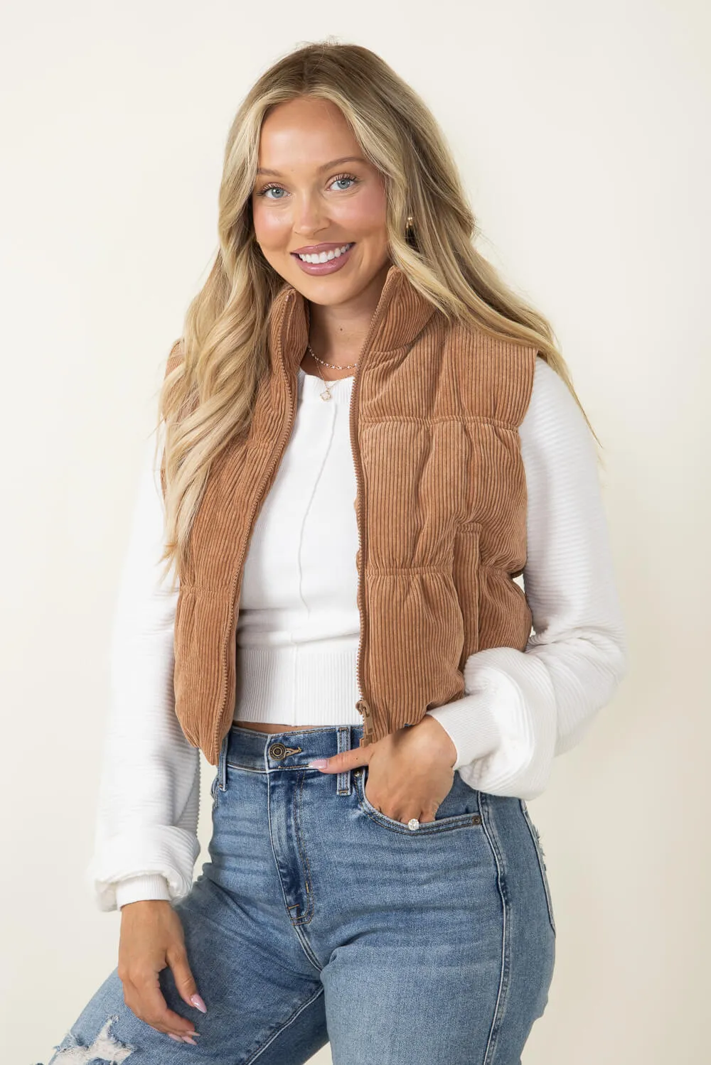Love Tree Cropped Corduroy Puffer Vest for Women in Brown | 5101VH-CAMEL