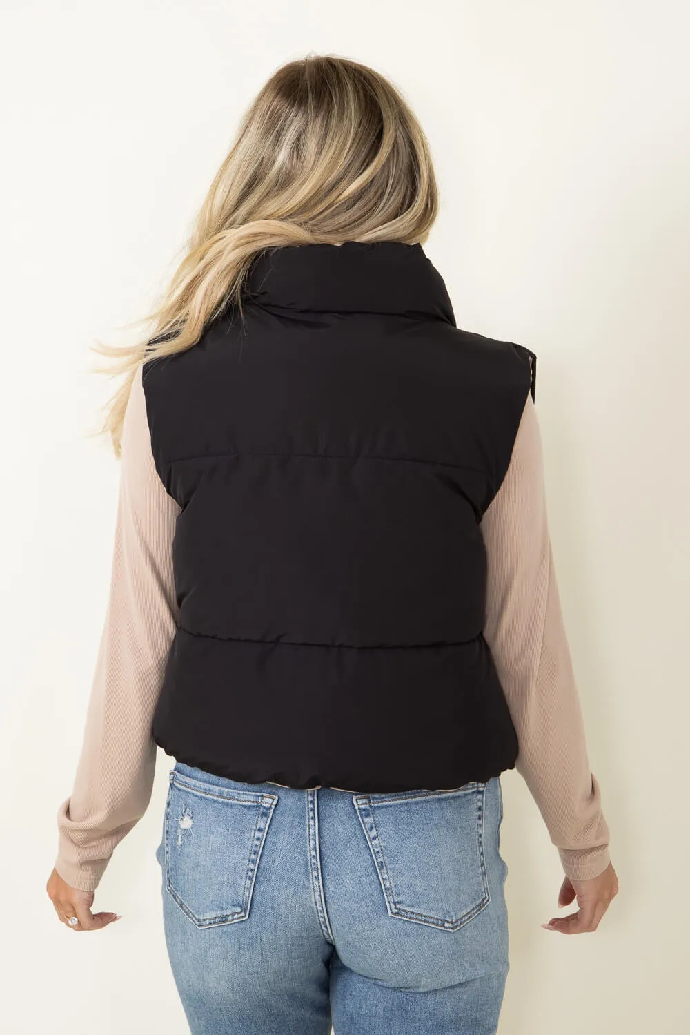 Love Tree Cropped Reversible Puffer Vest for Women in Black/Beige | 5070VY-BLACK