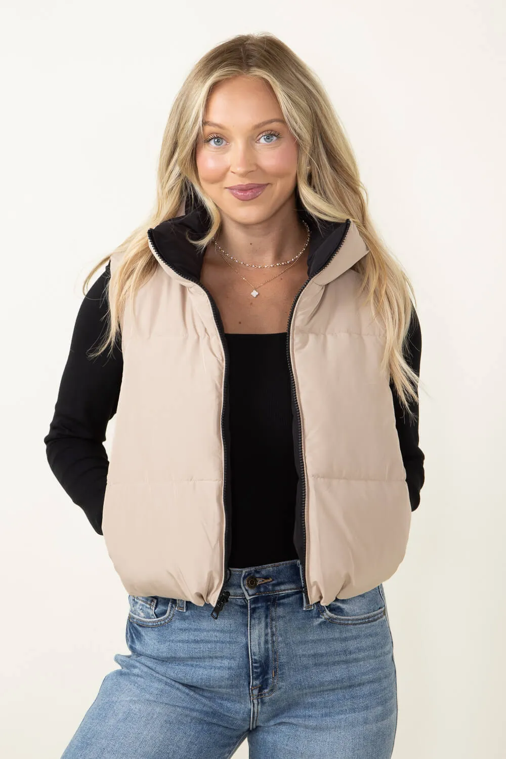 Love Tree Cropped Reversible Puffer Vest for Women in Black/Beige | 5070VY-BLACK