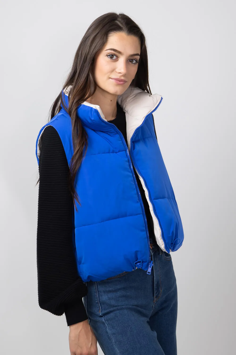 Love Tree Cropped Reversible Puffer Vest for Women in Blue/Beige | 5070VY-AZURE