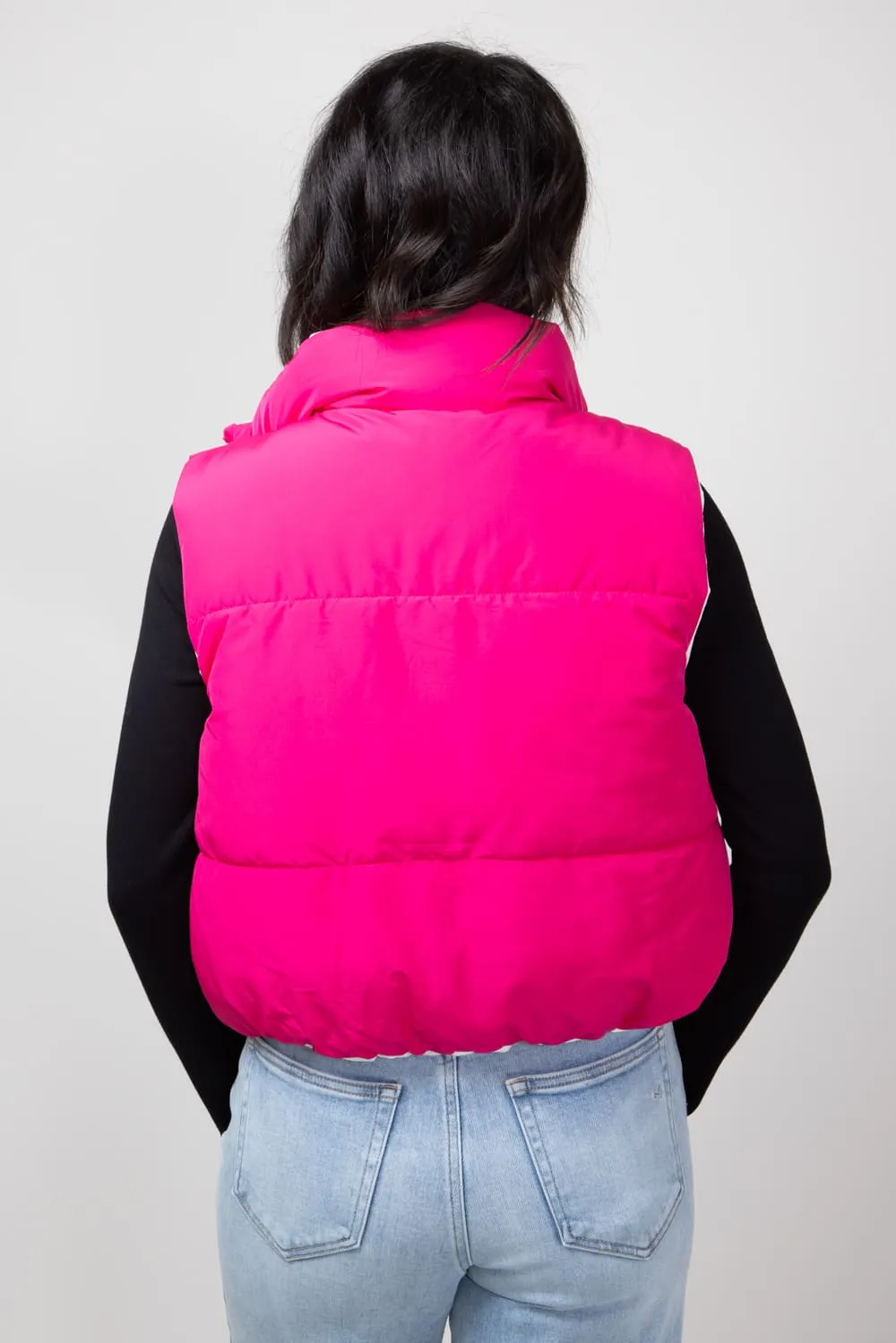 Love Tree Cropped Reversible Puffer Vest for Women in White/Fuchsia | 5070VY-FUCHSIA