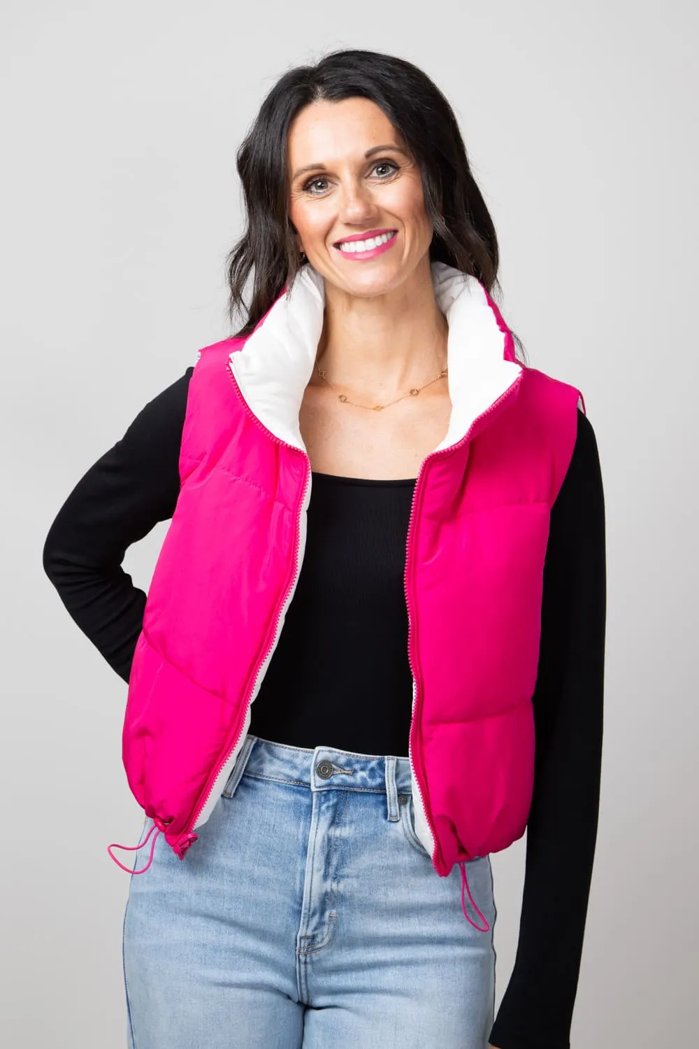 Love Tree Cropped Reversible Puffer Vest for Women in White/Fuchsia | 5070VY-FUCHSIA