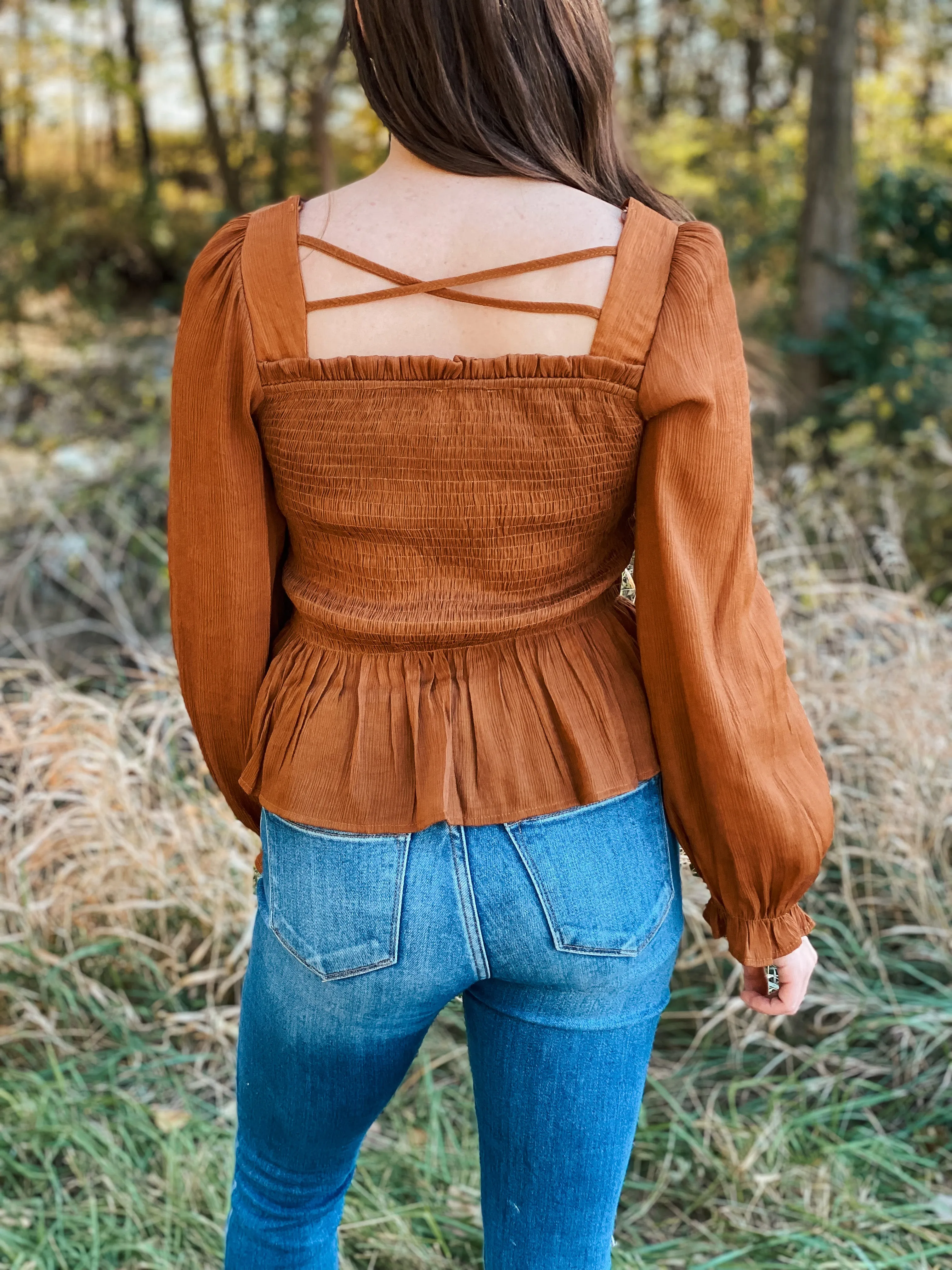 Luna Camel Smocked Peplum Top