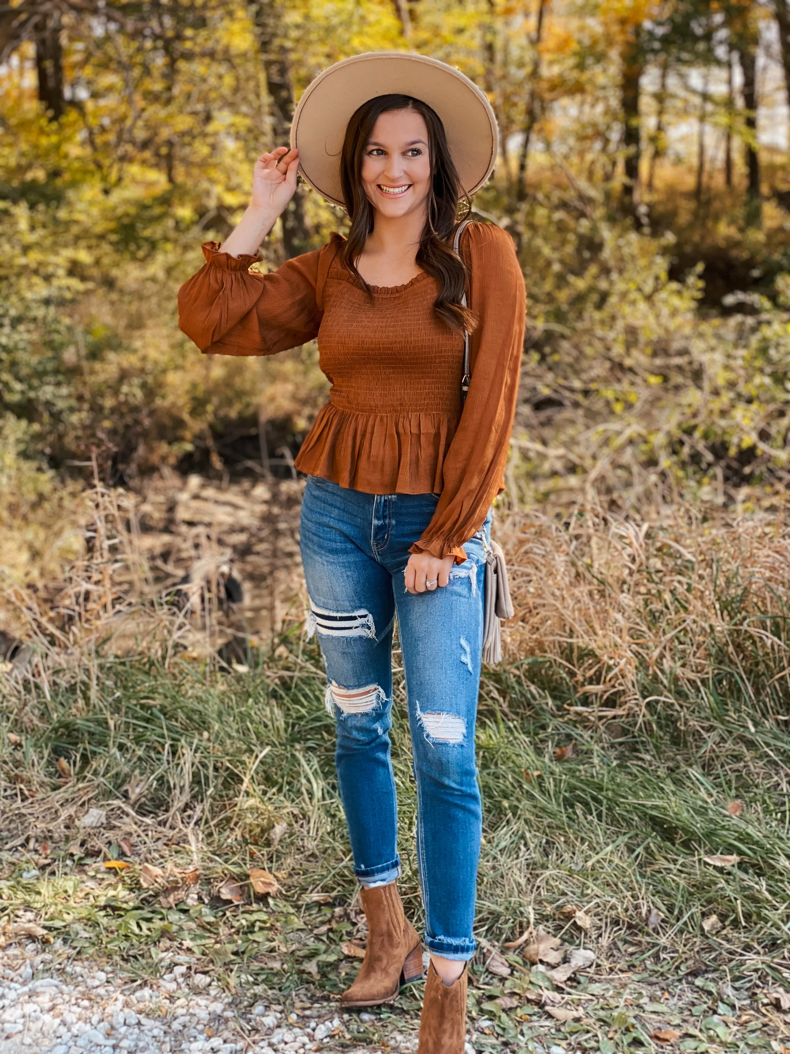 Luna Camel Smocked Peplum Top