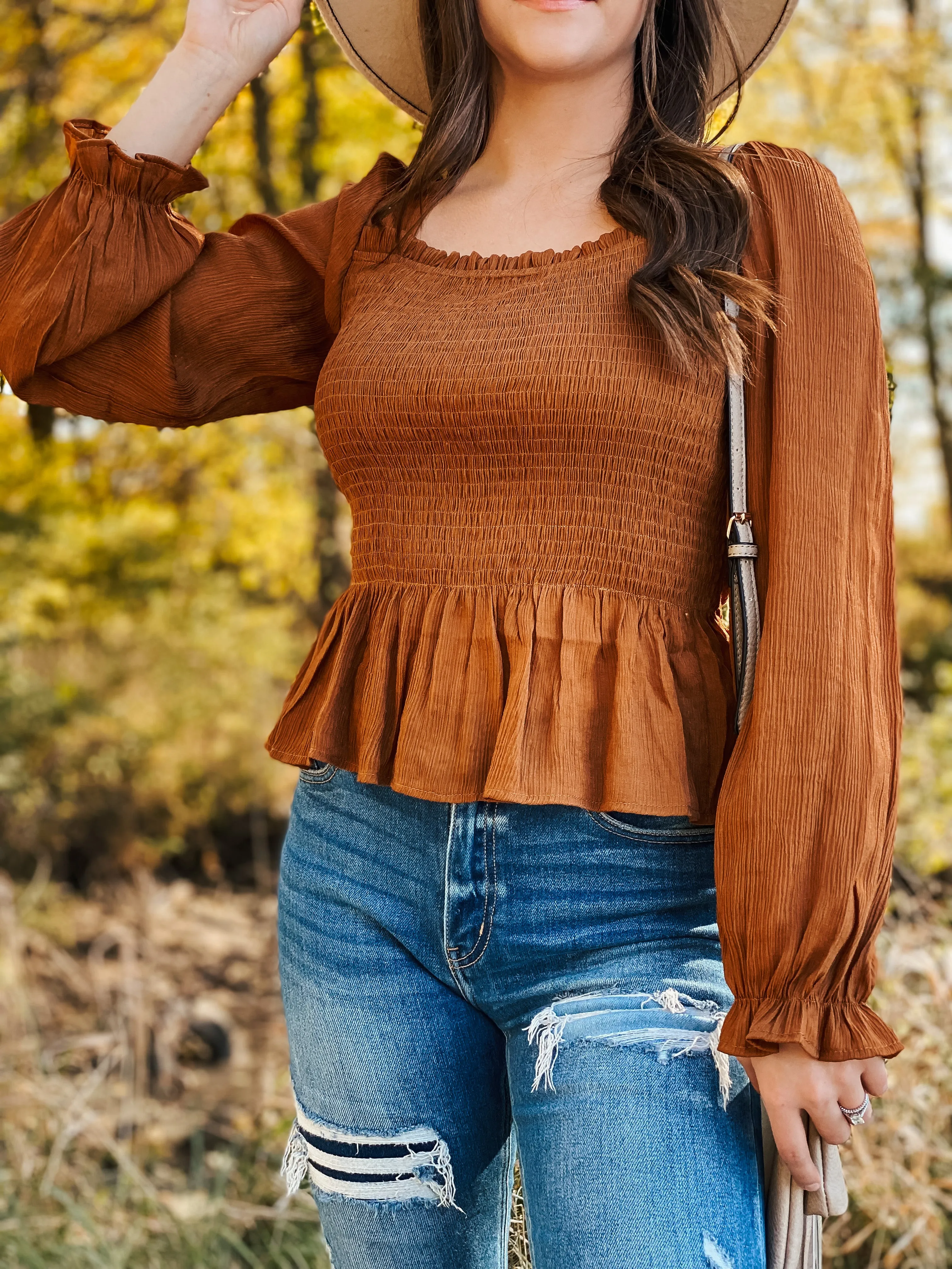 Luna Camel Smocked Peplum Top