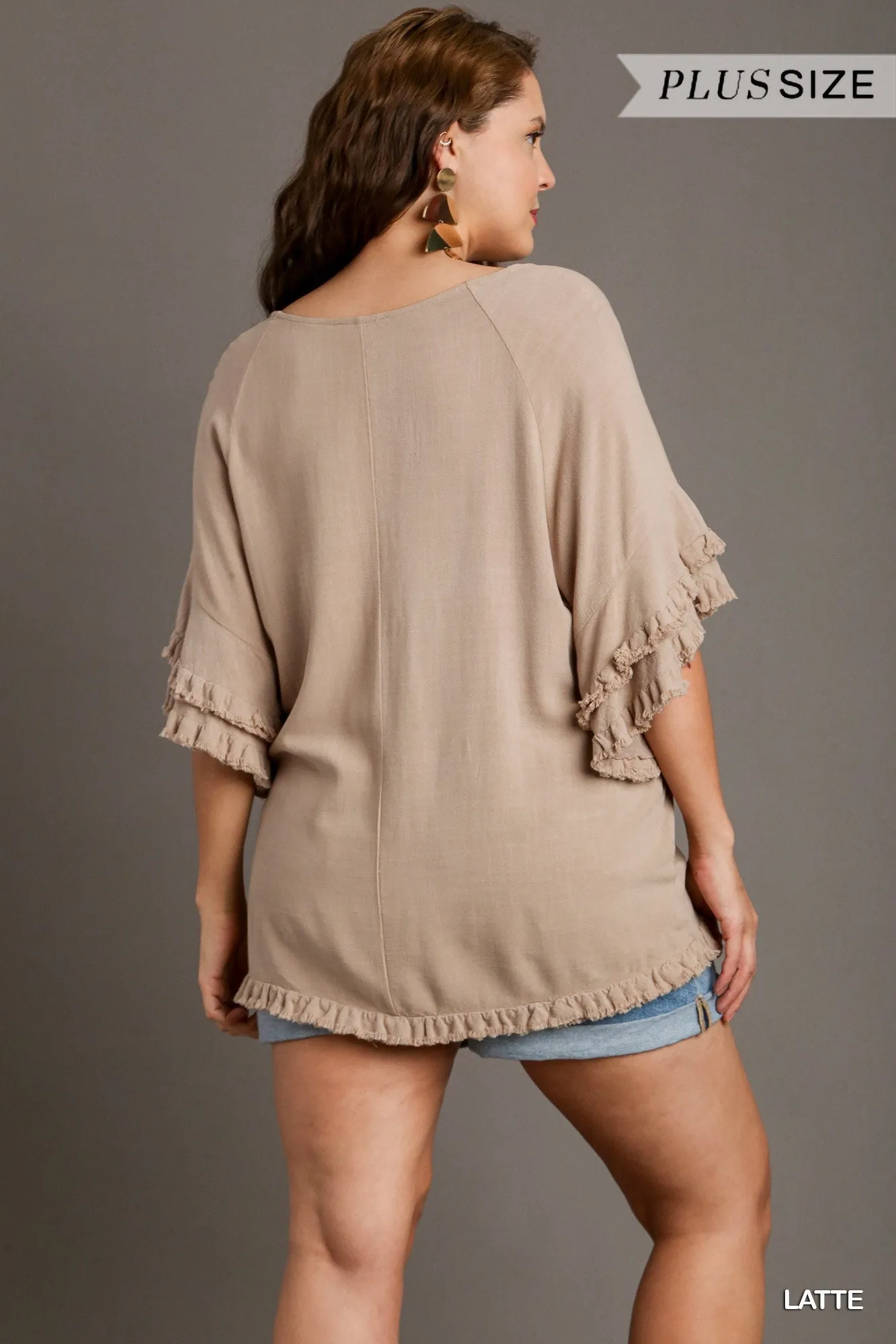 Lydia Linen Blend Layered Ruffle Short Sleeve Round Neck Top In Oatmeal