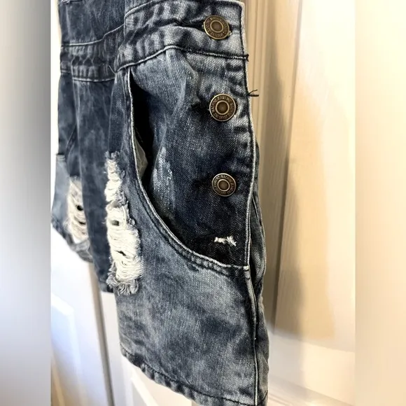 Machine Pour Neuf Mode Distressed Denim Overalls Skirt Size S (26)