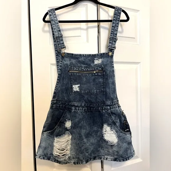 Machine Pour Neuf Mode Distressed Denim Overalls Skirt Size S (26)
