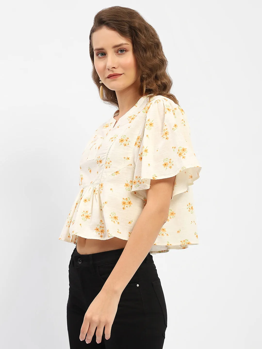 Madame Floral Print Ivory Cotton Peplum Top