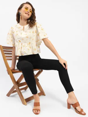 Madame Floral Print Ivory Cotton Peplum Top