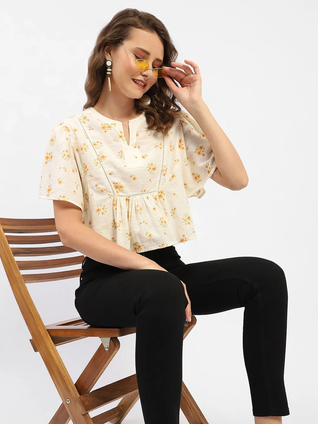 Madame Floral Print Ivory Cotton Peplum Top