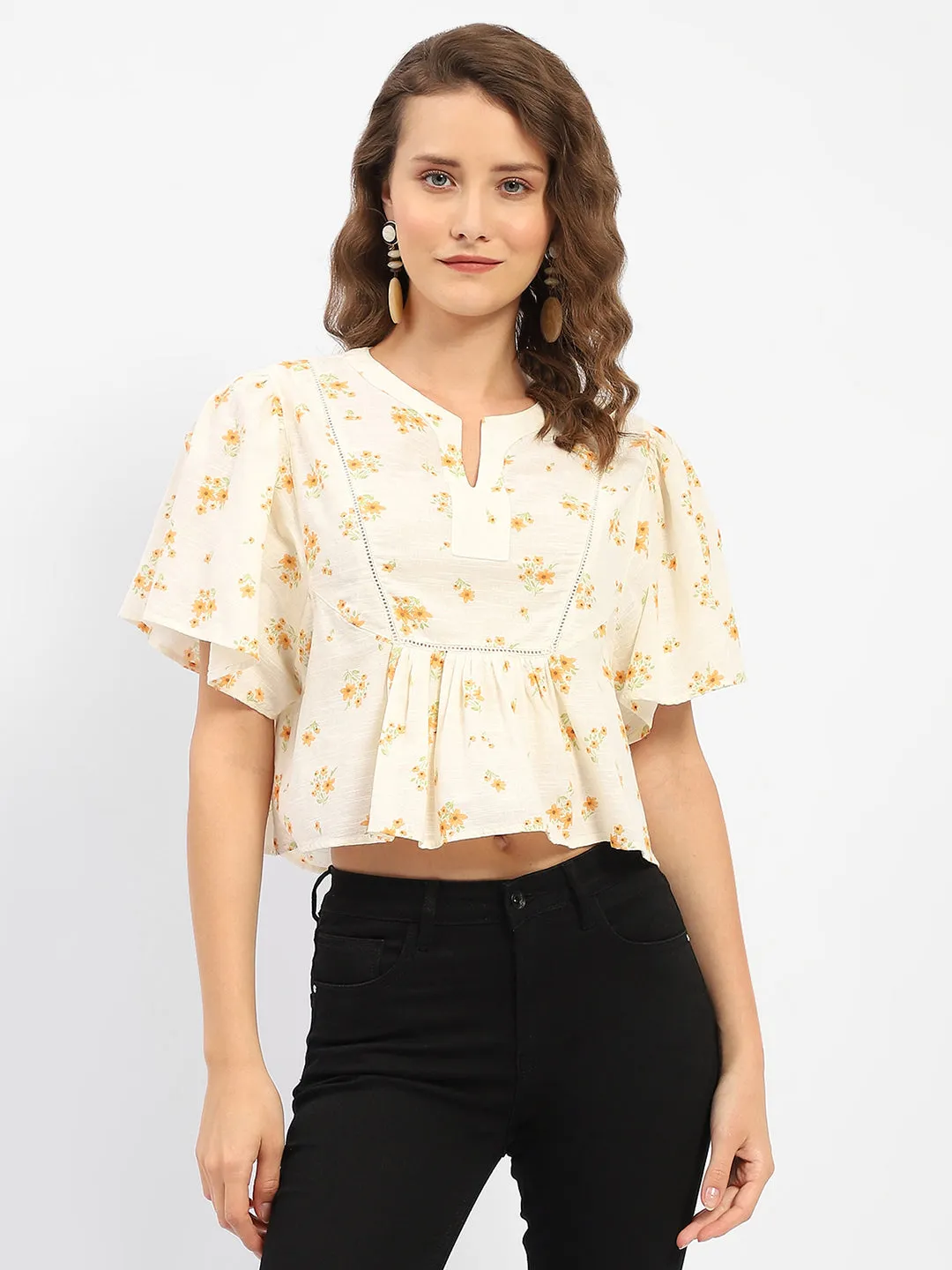 Madame Floral Print Ivory Cotton Peplum Top