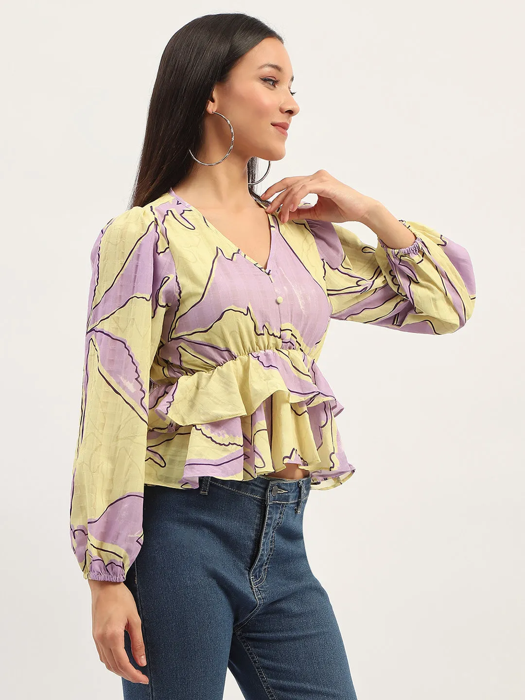 Madame Floral Print Peplum Lime Top