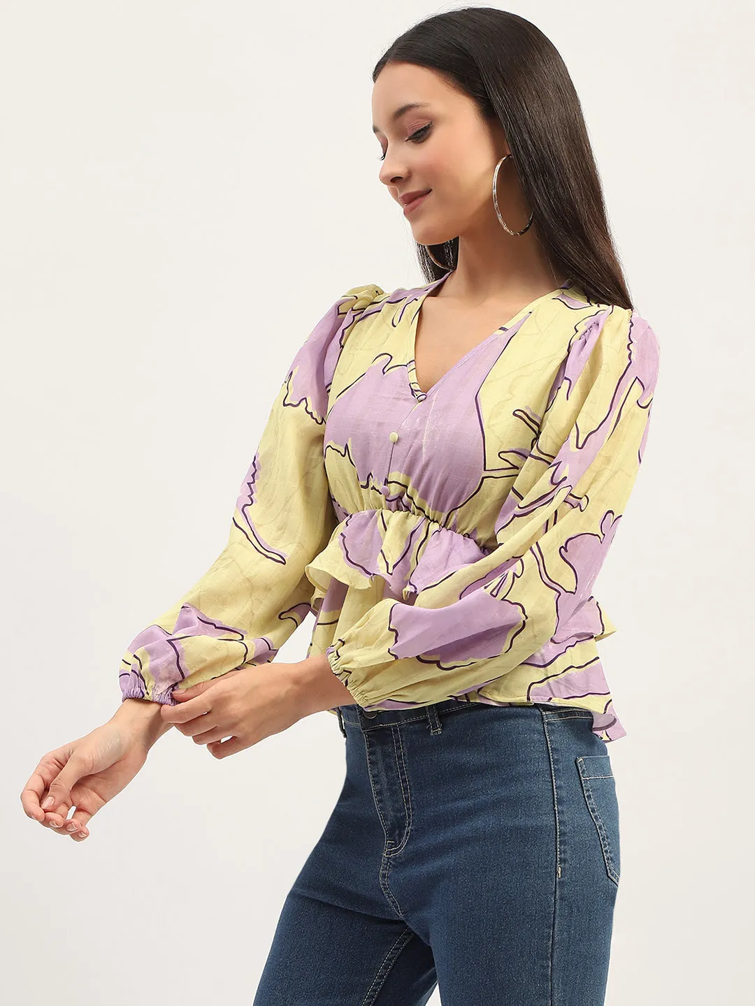 Madame Floral Print Peplum Lime Top
