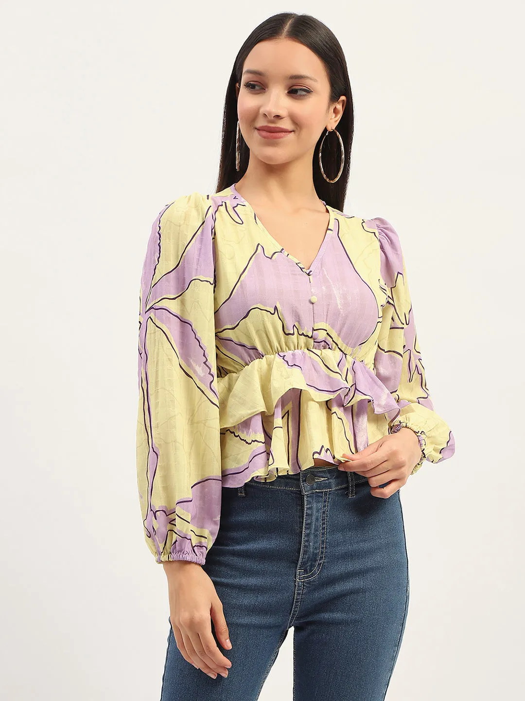 Madame Floral Print Peplum Lime Top