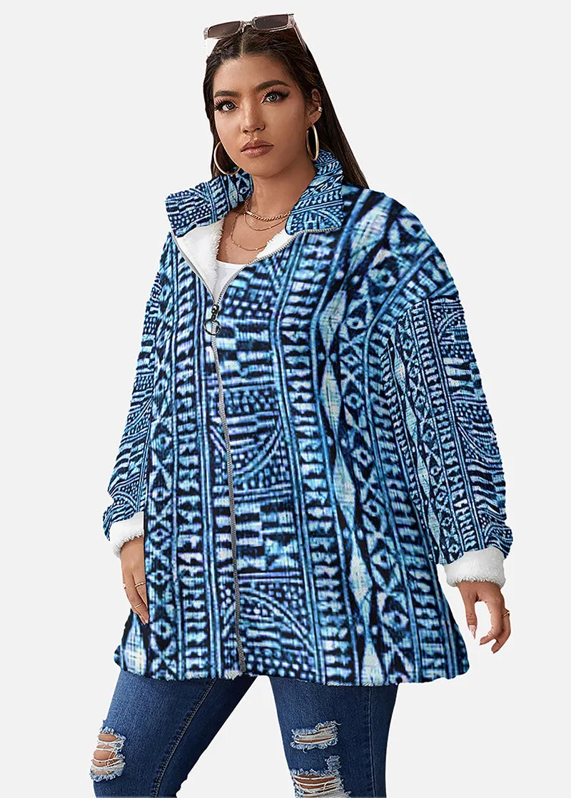 Makeba African Print Borg Fleece Stand-up Collar Coat (Plus Size)