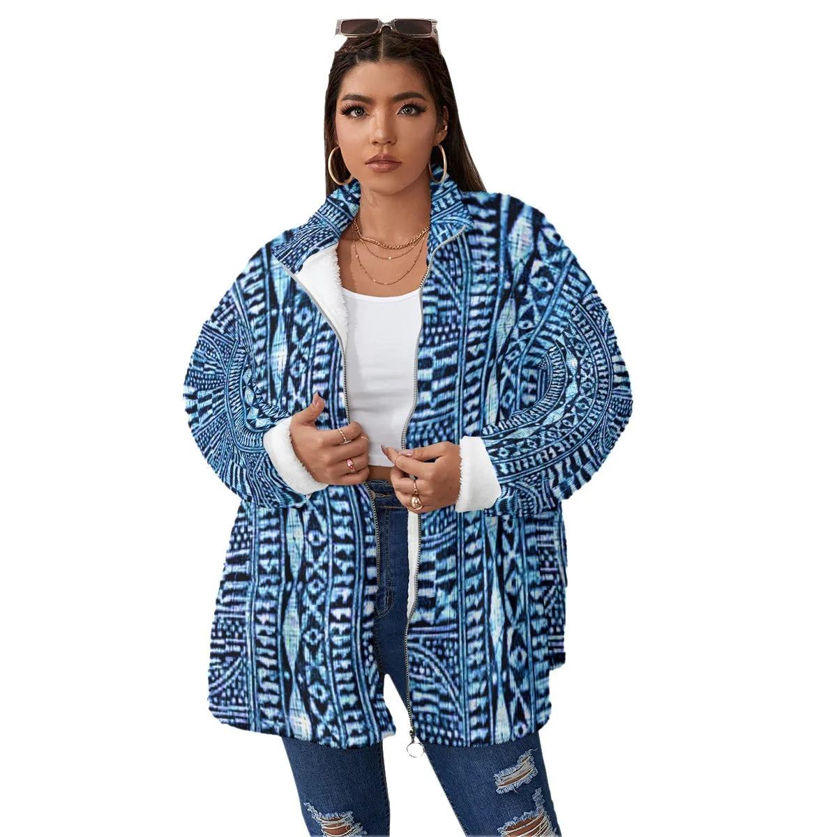 Makeba African Print Borg Fleece Stand-up Collar Coat (Plus Size)