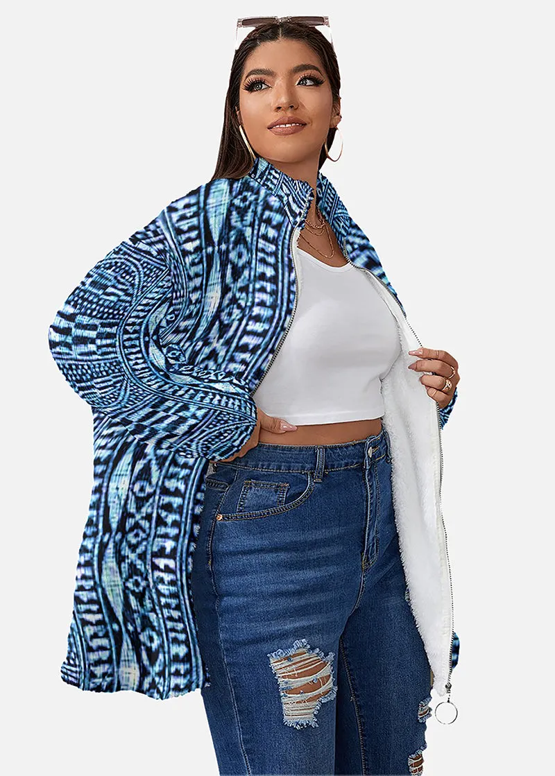 Makeba African Print Borg Fleece Stand-up Collar Coat (Plus Size)