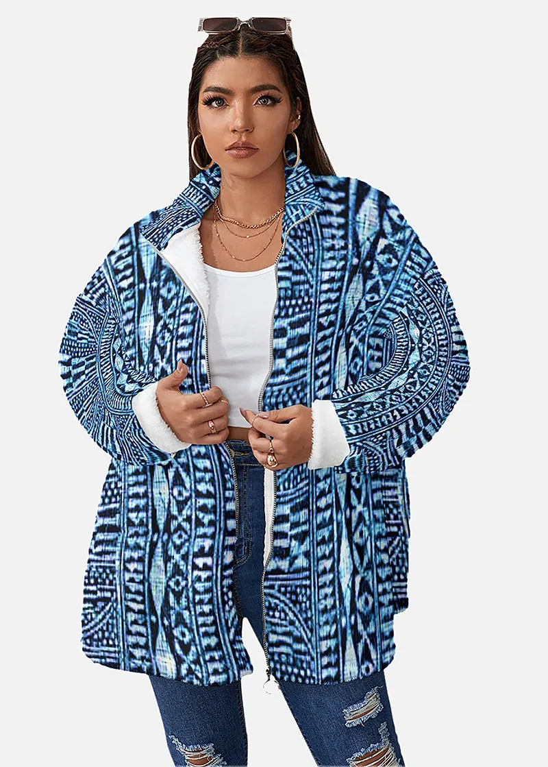 Makeba African Print Borg Fleece Stand-up Collar Coat (Plus Size)