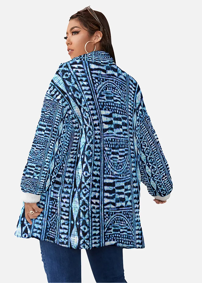 Makeba African Print Borg Fleece Stand-up Collar Coat (Plus Size)