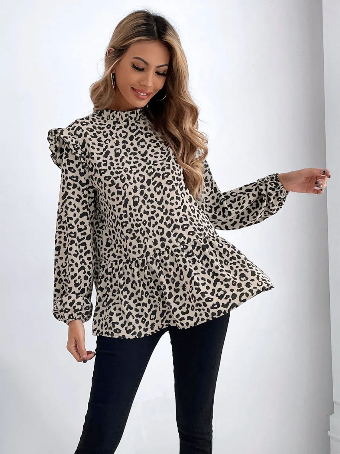 Marie Ruffled Leopard Mock Neck Long Sleeve Blouse