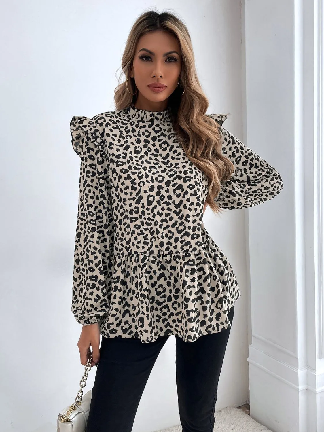 Marie Ruffled Leopard Mock Neck Long Sleeve Blouse