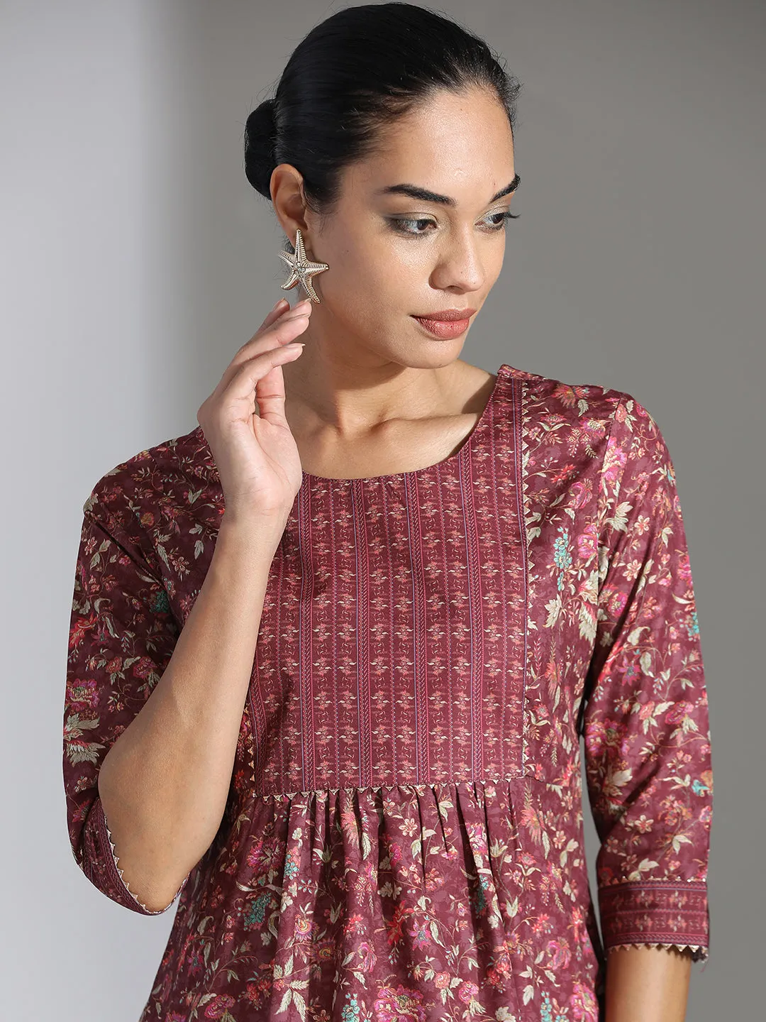 Maroon Floral Printed Chinon Peplum Top