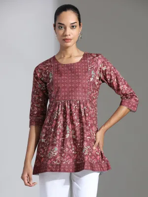 Maroon Floral Printed Chinon Peplum Top