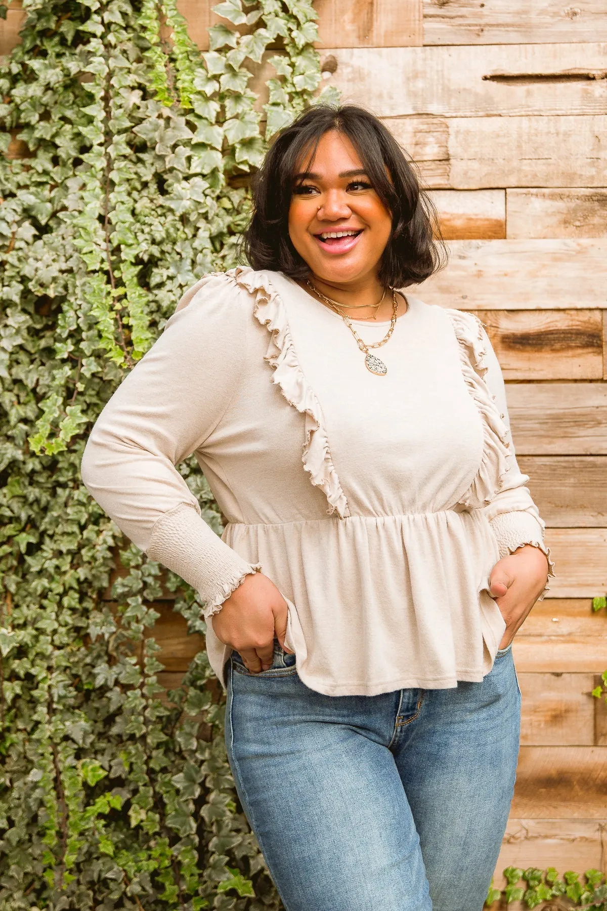 Melodia Peplum Top - Seashell, Long Sleeve with Ruffle Detail, Stretchy Fabric