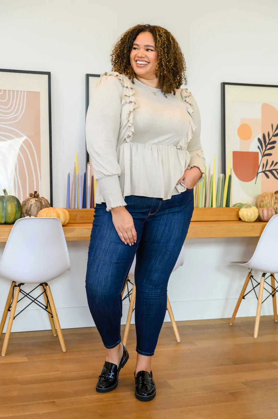 Melodia Peplum Top - Seashell, Long Sleeve with Ruffle Detail, Stretchy Fabric