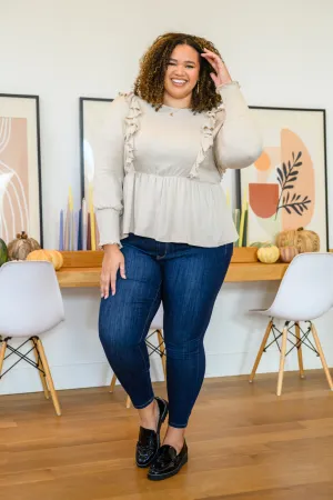 Melodia Peplum Top - Seashell, Long Sleeve with Ruffle Detail, Stretchy Fabric
