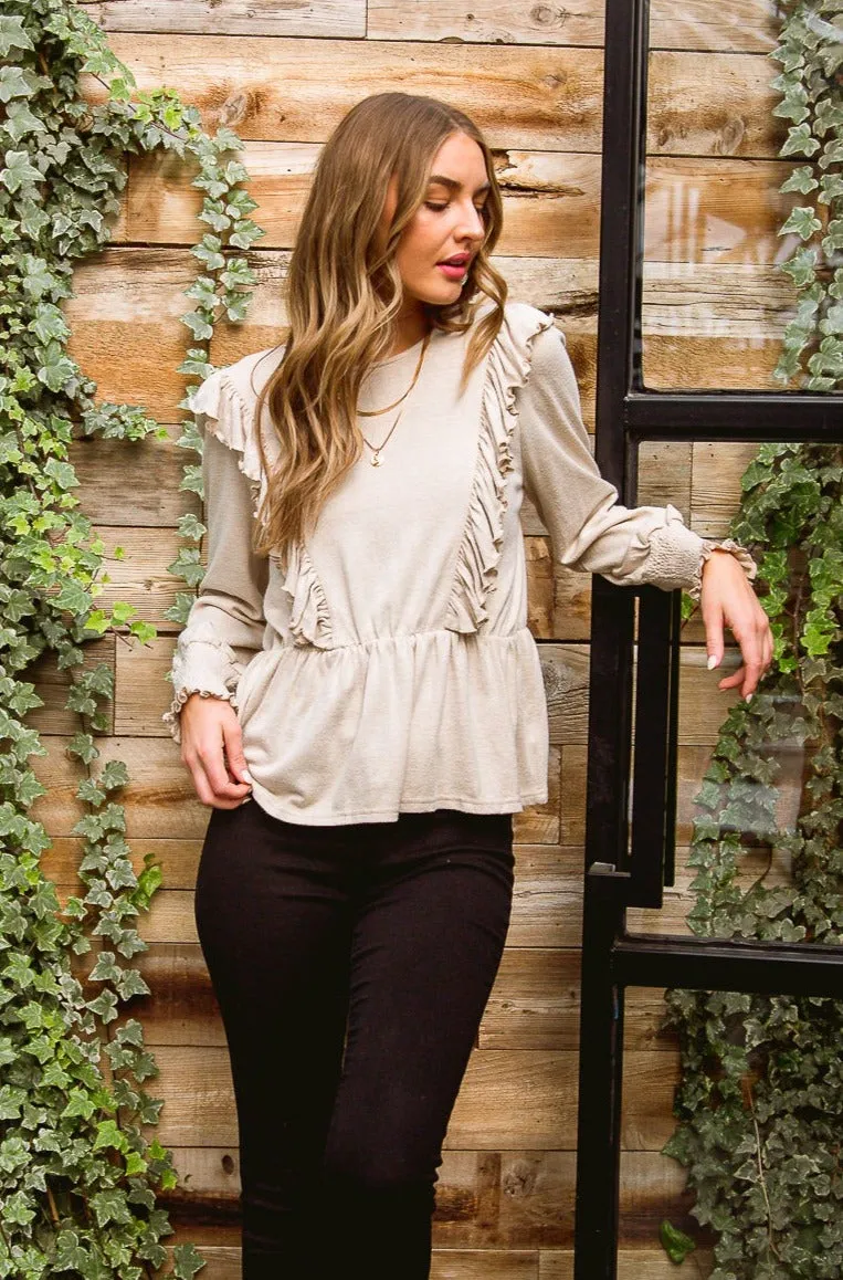 Melodia Peplum Top - Seashell, Long Sleeve with Ruffle Detail, Stretchy Fabric