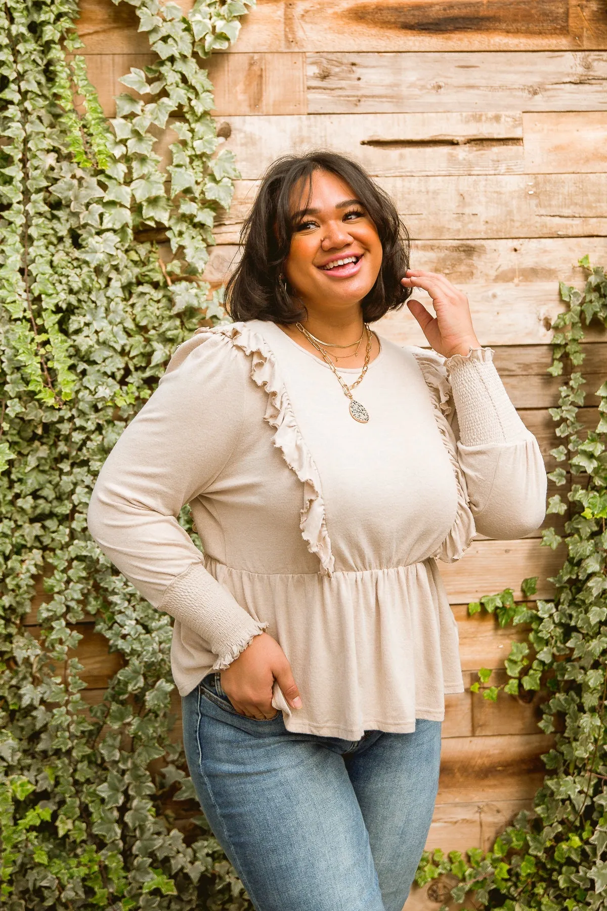 Melodia Peplum Top - Seashell, Long Sleeve with Ruffle Detail, Stretchy Fabric