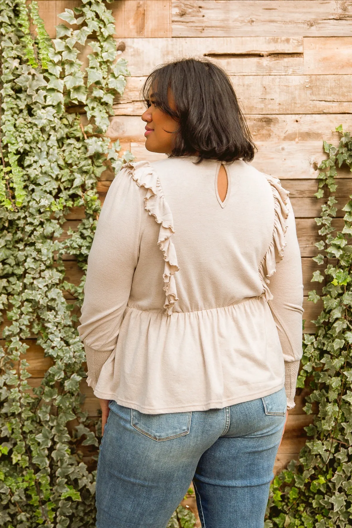 Melodia Peplum Top - Seashell, Long Sleeve with Ruffle Detail, Stretchy Fabric