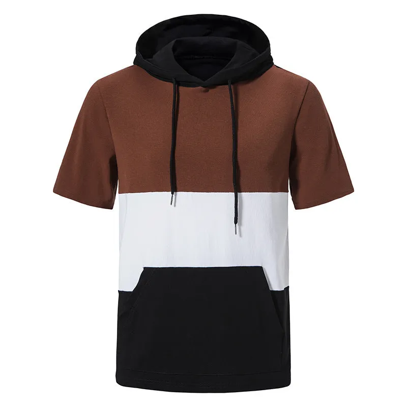 Men Patchwork Pockets Short Sleeves Drawstring Hoody T-Shirt