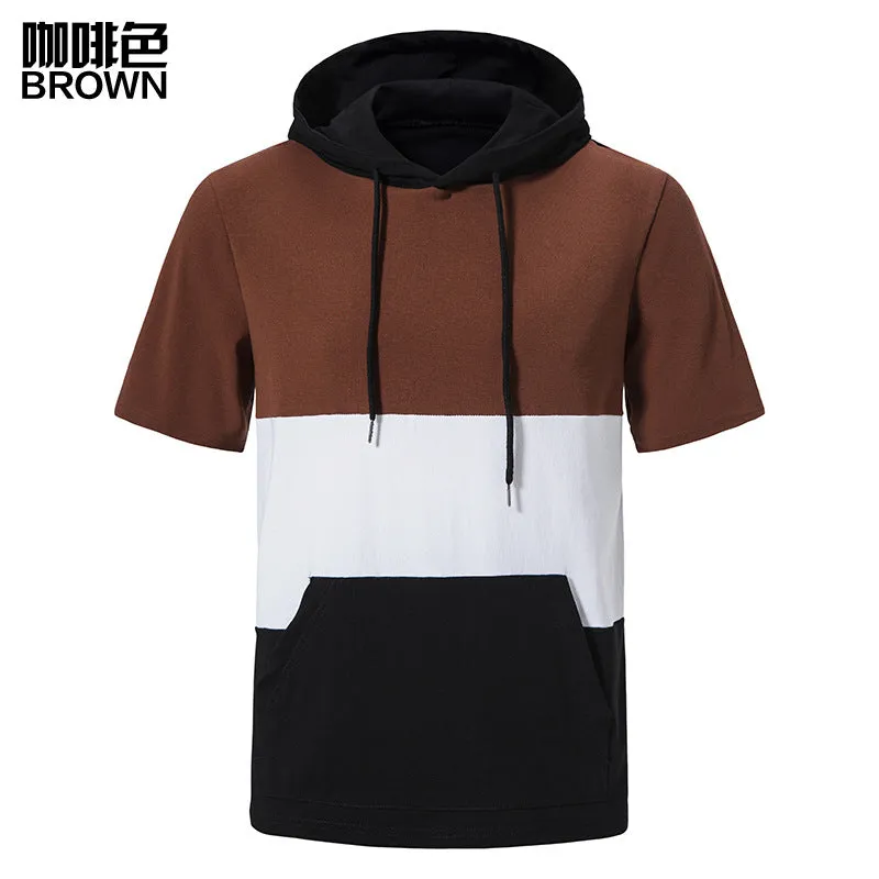Men Patchwork Pockets Short Sleeves Drawstring Hoody T-Shirt