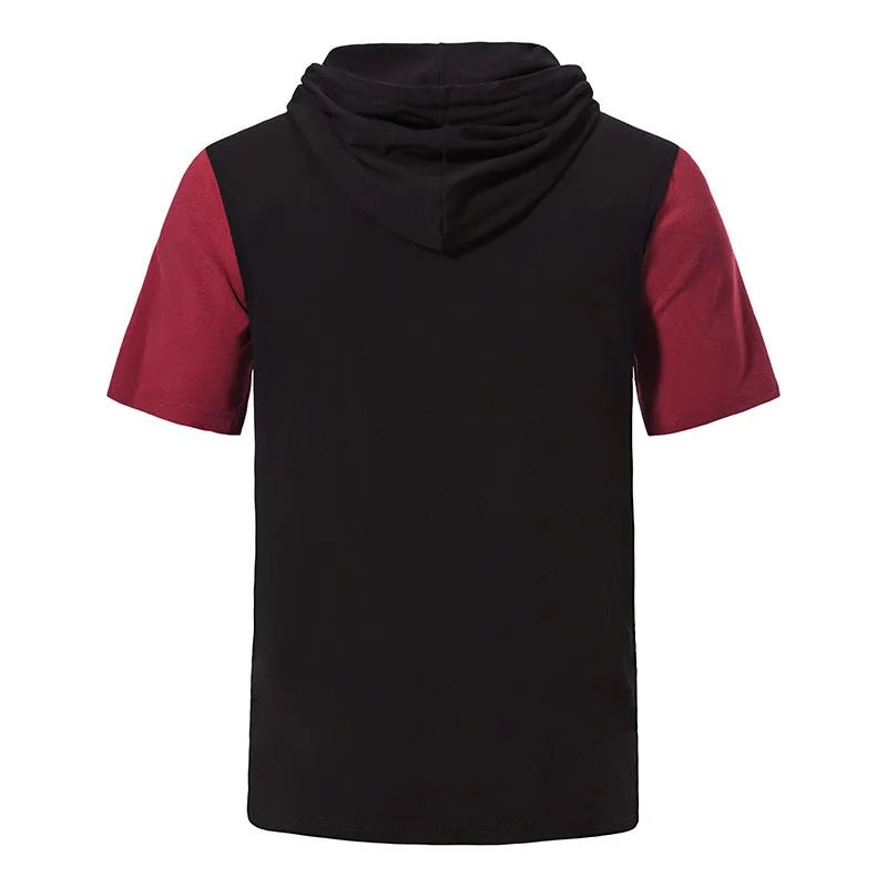 Men Patchwork Pockets Short Sleeves Drawstring Hoody T-Shirt