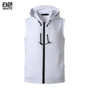 Men Slim Zippers Sleeveless Drawstring Hoody T-Shirt