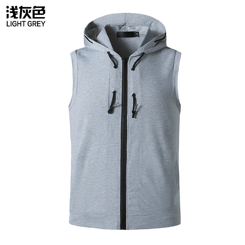 Men Slim Zippers Sleeveless Drawstring Hoody T-Shirt
