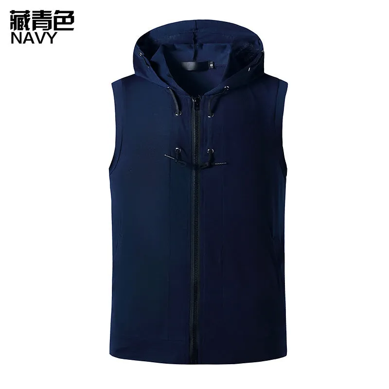 Men Slim Zippers Sleeveless Drawstring Hoody T-Shirt