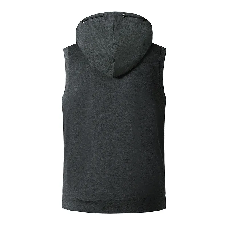 Men Slim Zippers Sleeveless Drawstring Hoody T-Shirt