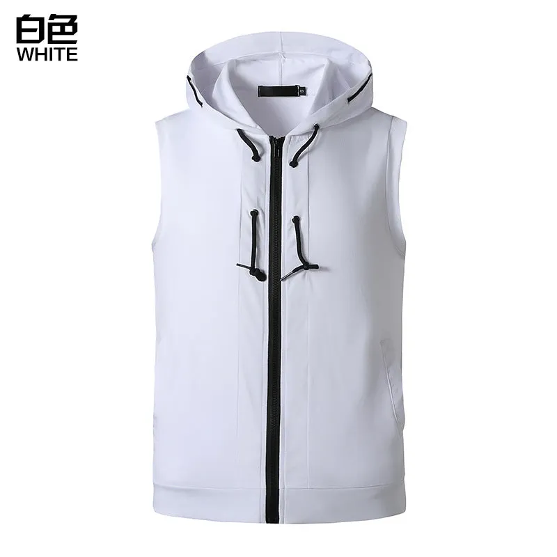 Men Slim Zippers Sleeveless Drawstring Hoody T-Shirt