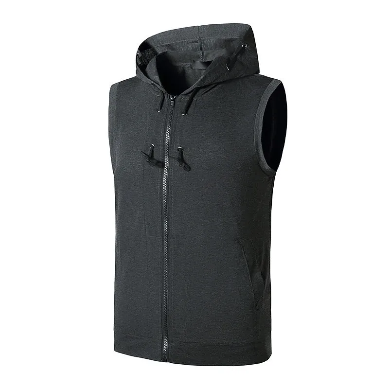 Men Slim Zippers Sleeveless Drawstring Hoody T-Shirt
