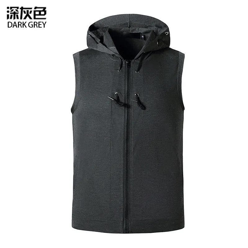 Men Slim Zippers Sleeveless Drawstring Hoody T-Shirt
