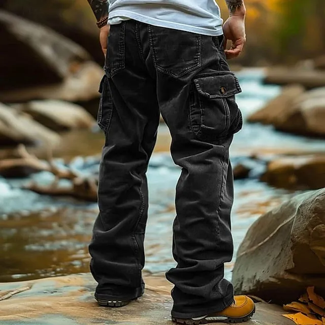 Men's Casual Corduroy Cargo Pants - Lightweight, Multi-Pocket, Elastic Waist