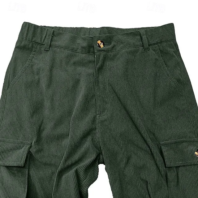 Men's Casual Corduroy Cargo Pants - Lightweight, Multi-Pocket, Elastic Waist