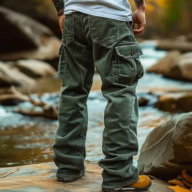 Men's Casual Corduroy Cargo Pants - Lightweight, Multi-Pocket, Elastic Waist