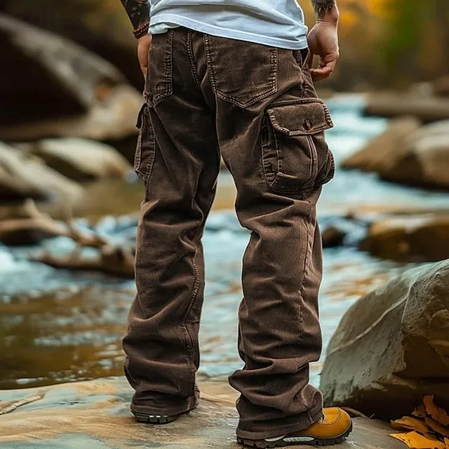 Men's Casual Corduroy Cargo Pants - Lightweight, Multi-Pocket, Elastic Waist
